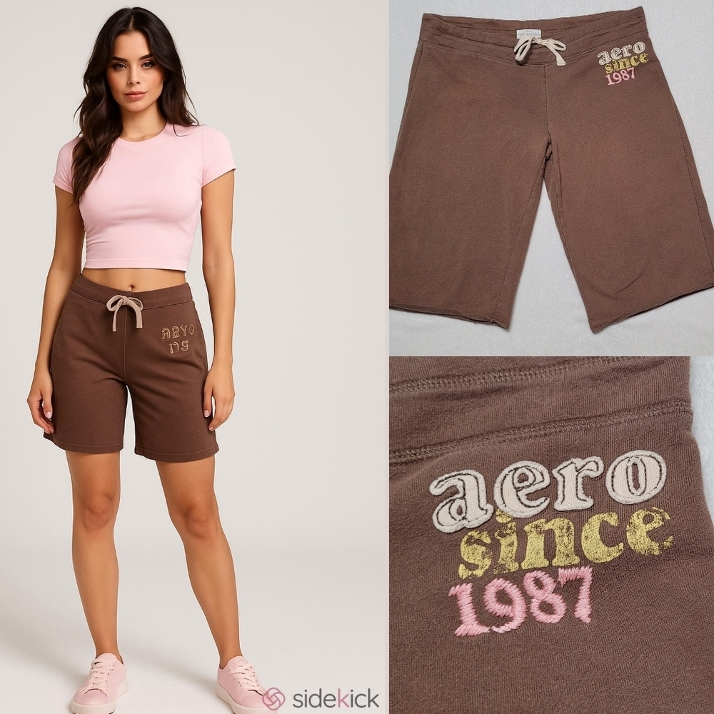 Aéropostale Vintage Brown Spell Out Tie-Waist Mid-Rise Cotton Blend Board Shorts